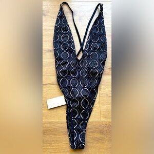 Ris-K/Dippin’ Daisy’s Black lace Geometric one piece sexy bikini S NWT